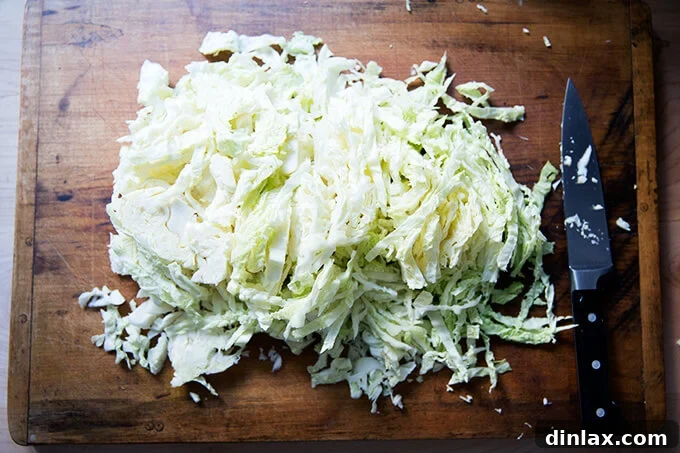 An overhead shot of a cutting board showcasing a head of cabbage finely shredded, ready to be incorporated into the noodle dish.