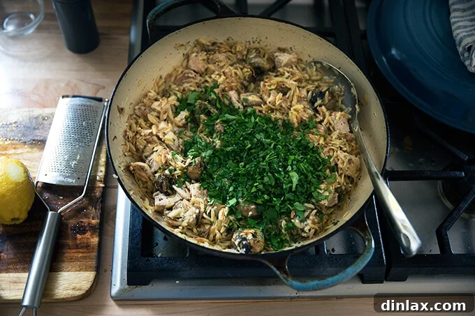 Zesty Lemon Artichoke Orzo Chicken Skillet 13 Chopped fresh parsley added to the skillet with chicken, orzo, and cheese.