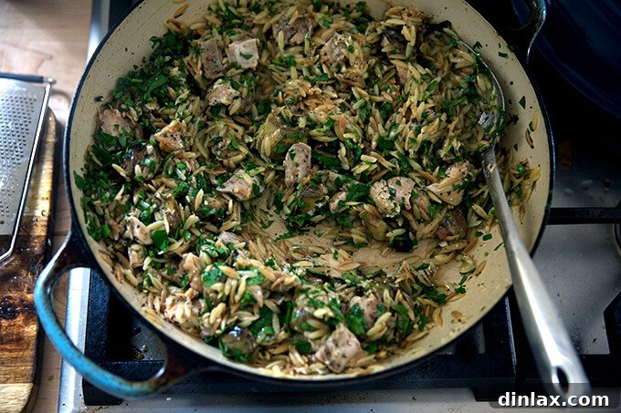 Zesty Lemon Artichoke Orzo Chicken Skillet 14 The one-pan lemon chicken orzo with artichoke hearts, cheese, and parsley all stirred together in the skillet.