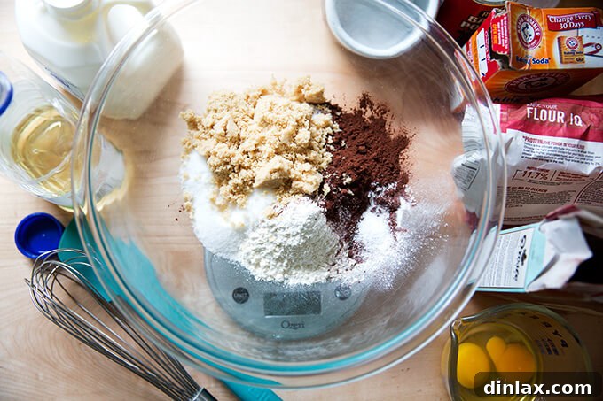 A large bowl filled with the dry ingredients for one-bowl chocolate cupcakes, ready for wet ingredients.