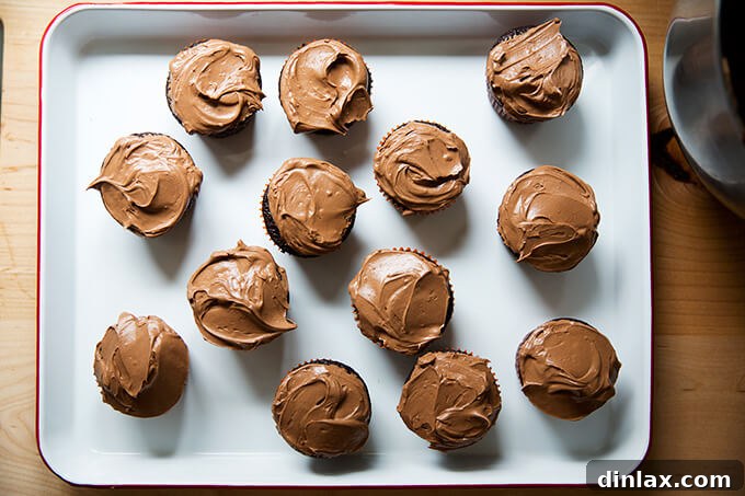 A tray filled with freshly frosted chocolate cupcakes, ready for decoration.
