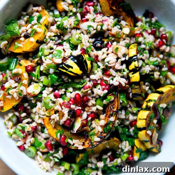 A vibrant white serving bowl filled with winter tabbouleh featuring roasted delicata squash slices, pomegranate arils, and fresh herbs.