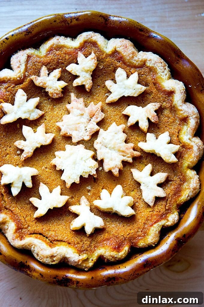A squash pie decorated with an assortment of intricately cut pie crust cookies, showcasing fall leaves and small turkeys, arranged artfully on its surface.