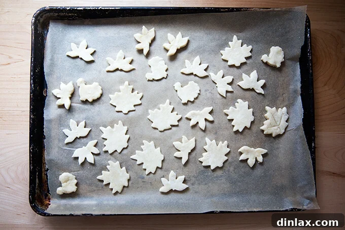 A sheet pan lined with parchment paper, topped with various unbaked pie cookies cut into leaf and turkey shapes.