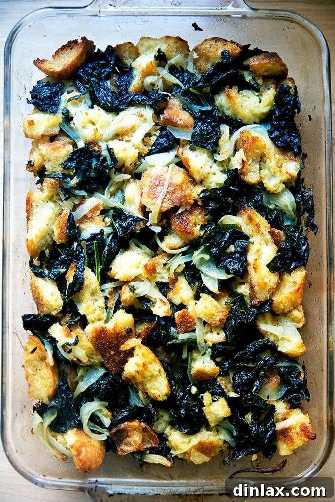 A beautifully baked kale and caramelized onion stuffing, golden brown and ready to serve.