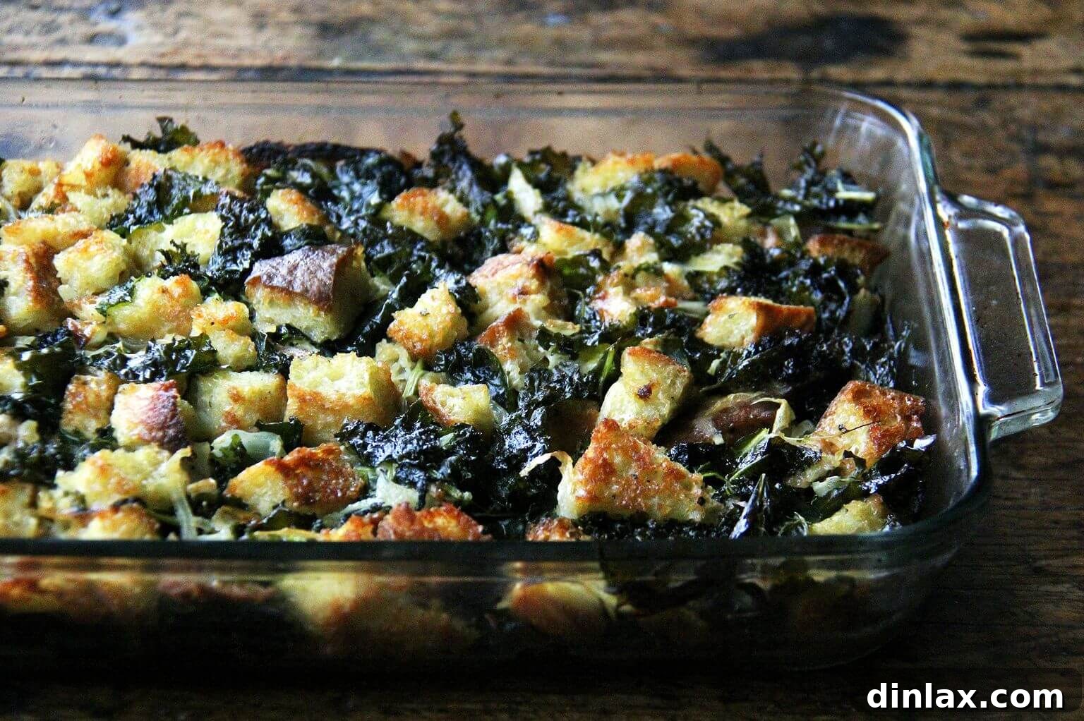 A 9x13-inch baking pan filled with just-baked stuffing, golden brown and invitingly warm.