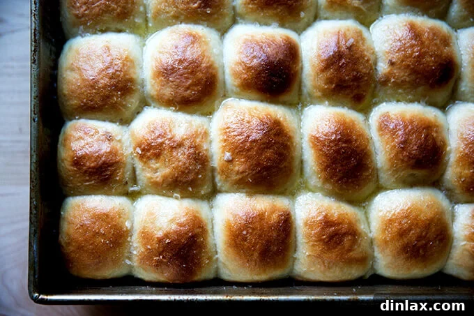 Overhead shot of just-baked buttermilk pull-apart rolls, golden and glistening with melted butter and sprinkled sea salt.