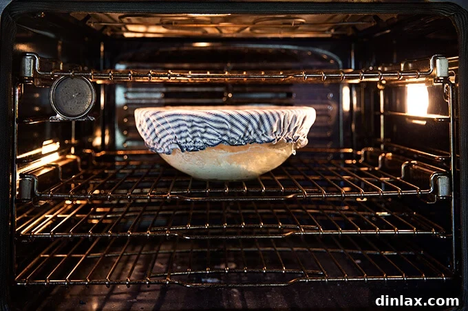 A bowl with rising dough placed in a warm oven, providing an optimal environment for fermentation.