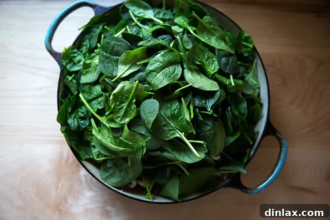 Japchae: Vegetarian Korean Glass Noodles 10 A generous heap of fresh baby spinach placed on top of other vegetables in a braiser, awaiting the next steps in japchae preparation.