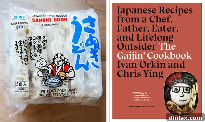 Margaret Roach Dishes on 5 Fresh Cookbooks 4 A vibrant montage featuring 'The Gaijin Cookbook' alongside a package of frozen udon noodles, symbolizing accessible Japanese home cooking.