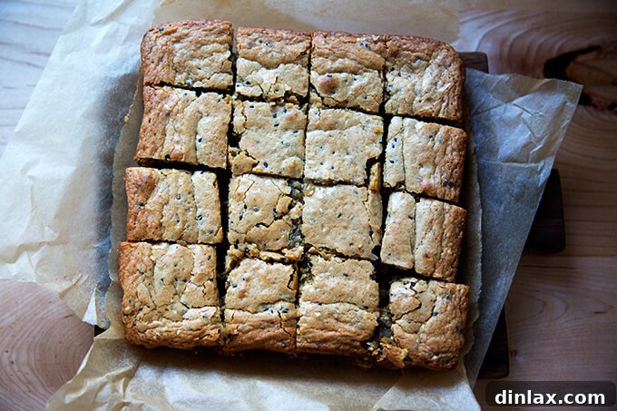 Freshly baked tahini blondies, adorned with sesame seeds, cooling on a rack, from the 'Sababa' cookbook.