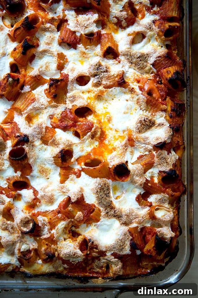 A pan of just-baked penne alla vodka, golden and bubbling.