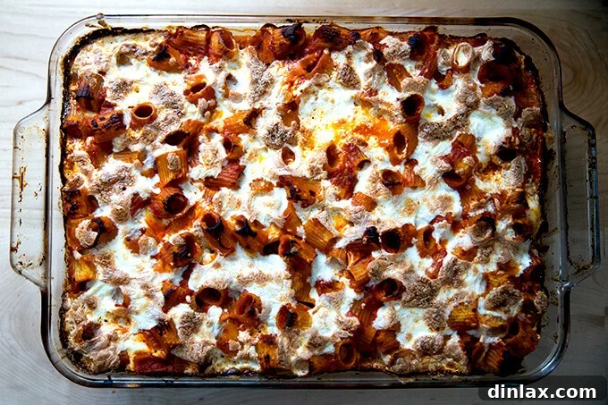 A close-up of just-baked penne alla vodka, bubbling and golden-brown from the oven, with melted cheese.