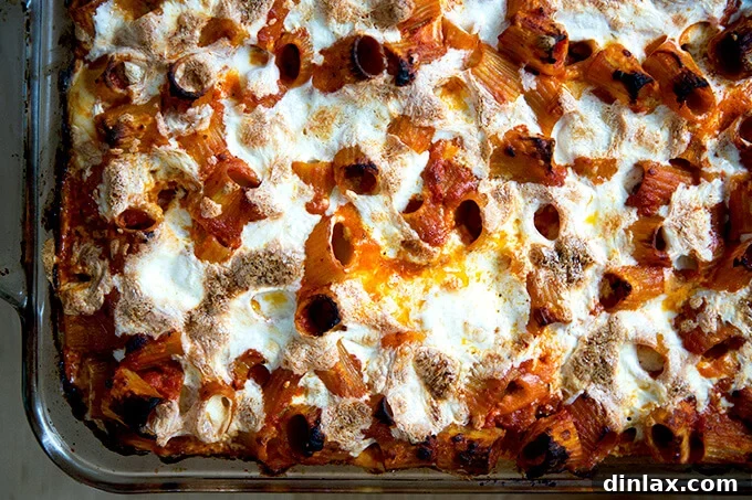 A full pan of just-baked penne alla vodka, ready to be served, showcasing its golden, bubbly cheese top.