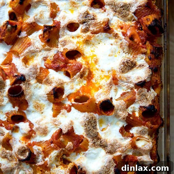 A pan of just-baked penne alla vodka, golden and bubbling.