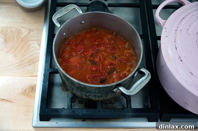 A vibrant red vodka sauce simmering gently in a saucepan, with visible crushed tomatoes and sun-dried tomatoes.
