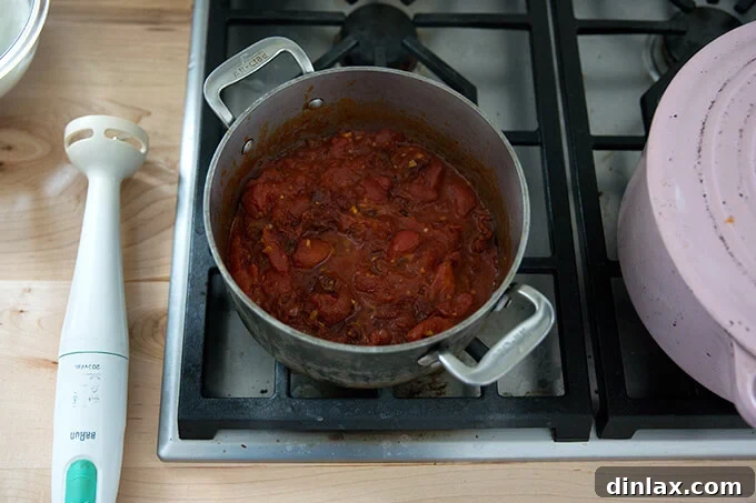 A saucepan filled with simmering vodka sauce, placed next to an immersion blender, ready for the next step.