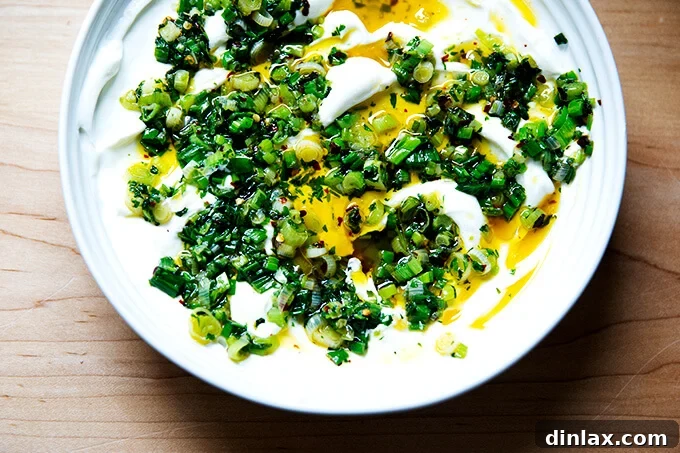 Wholesome Greek Yogurt Ranch Dip 10 Homemade ranch dip with sizzling chili oil poured over Greek yogurt in a bowl.