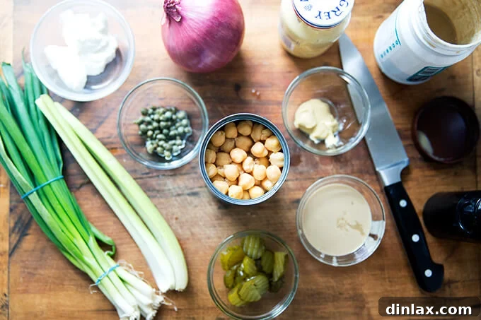 A board with the ingredients to make no-tuna "tuna" salad.