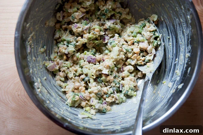 A bowl of no-tuna "tuna" salad made with chickpeas in a bowl.