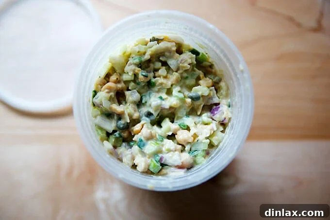 A quart container filled with no-tuna "tuna" salad.