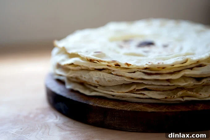 A stack of homemade flour tortillas.