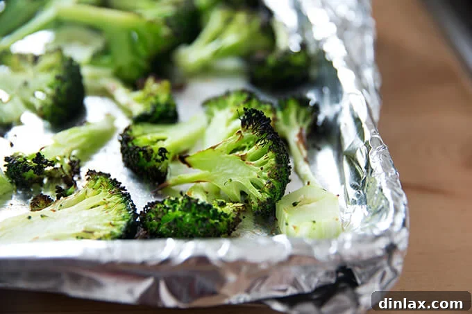 Freshly broiled broccoli spears displaying appealing charring on the florets and vibrant green stems, cooling on a sheet pan after cooking.