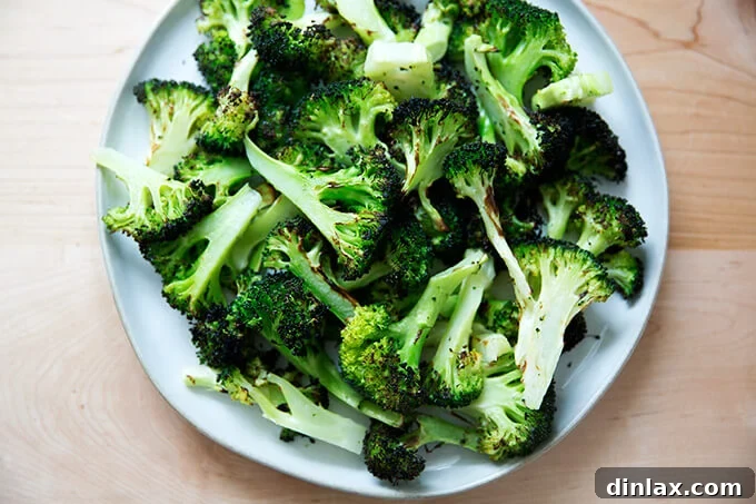 Perfectly broiled broccoli, with beautifully charred florets and vibrant green stems, ready to be served on an elegant white platter.
