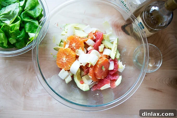 A bowl of citrus segments, avocado, endive, sea salt, and white balsamic vinegar, ready for a final toss.