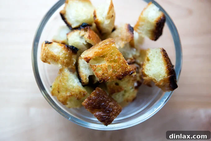 Golden Cheddar Broccoli Bisque 14 A bowl filled with golden, olive oil-toasted cubes of day-old bread, ready to be served with soup.