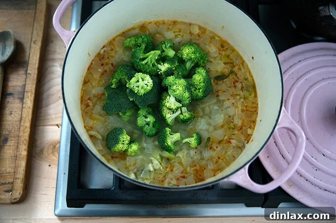 Golden Cheddar Broccoli Bisque 8 Half of the vibrant green broccoli florets are added to the simmering soup base in a Dutch oven.