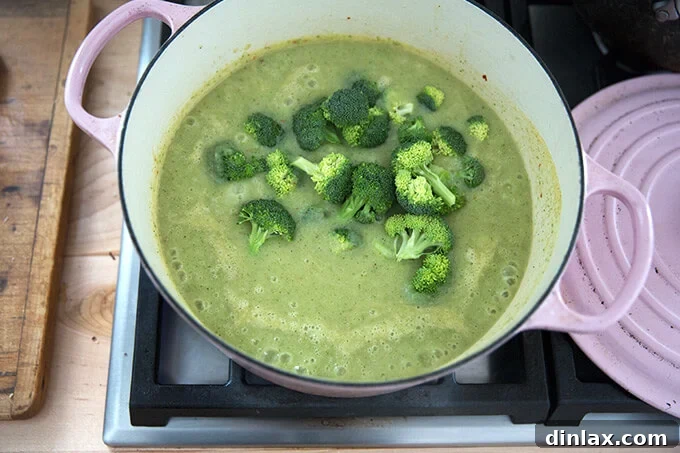 Golden Cheddar Broccoli Bisque 10 The puréed broccoli-cheddar soup in a Dutch oven with fresh florets added on top, ready for the final touches.