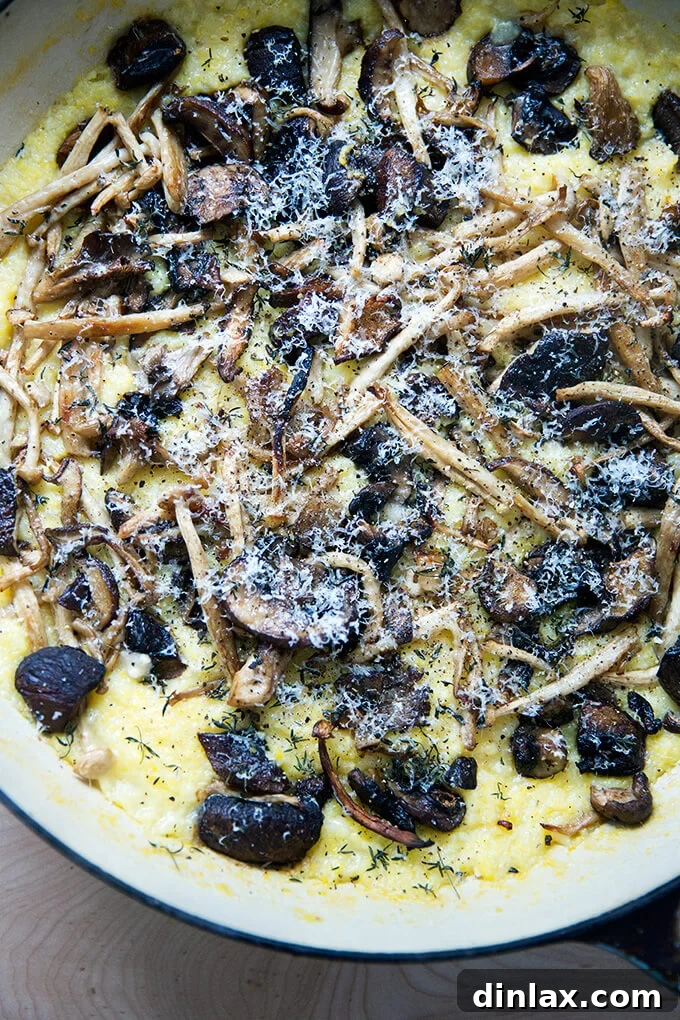 A close-up shot of the freshly baked roasted mushroom polenta bake in a skillet, bubbling and golden brown at the edges, ready to be served.