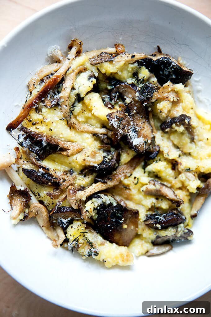 An appetizing close-up of a bowl of roasted mushroom polenta bake, showcasing the rich textures of creamy polenta and savory mushrooms.