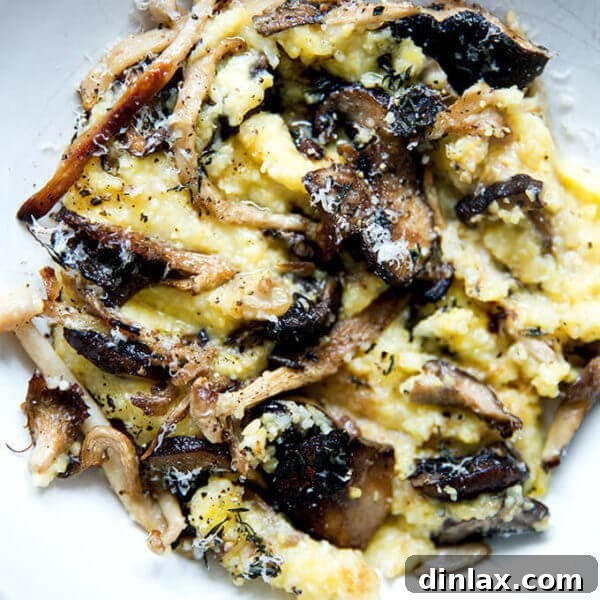 An inviting close-up of a bowl of roasted mushroom polenta bake.