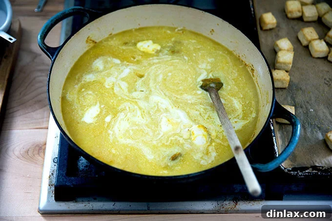 A stovetop skillet containing onions, curry spices, creamy coconut milk, and water, simmering gently.