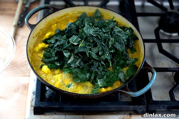 A rich vegetable curry simmering on the stovetop, with a generous heap of fresh kale just added on top.