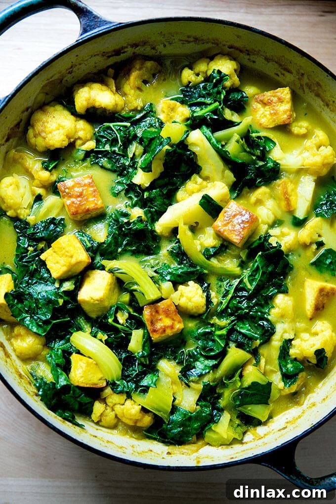 An inviting overhead shot of a vegetable and tofu curry served in a skillet, ready to be enjoyed.