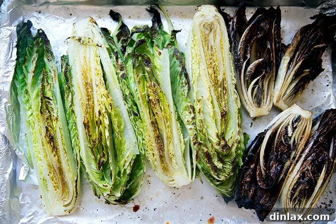 Fire-Kissed Romaine Caesar 11 A sheet pan of broiled Romaine and Treviso.