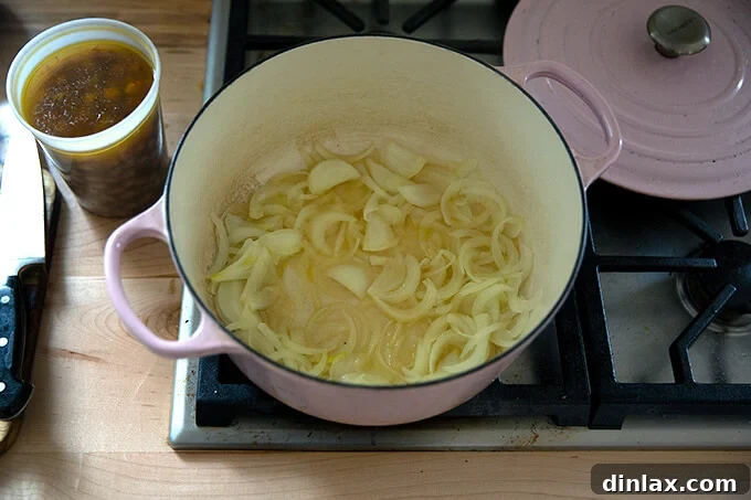 Perfectly sautéed, translucent onions glistening in the pot, forming the aromatic base for the soup.