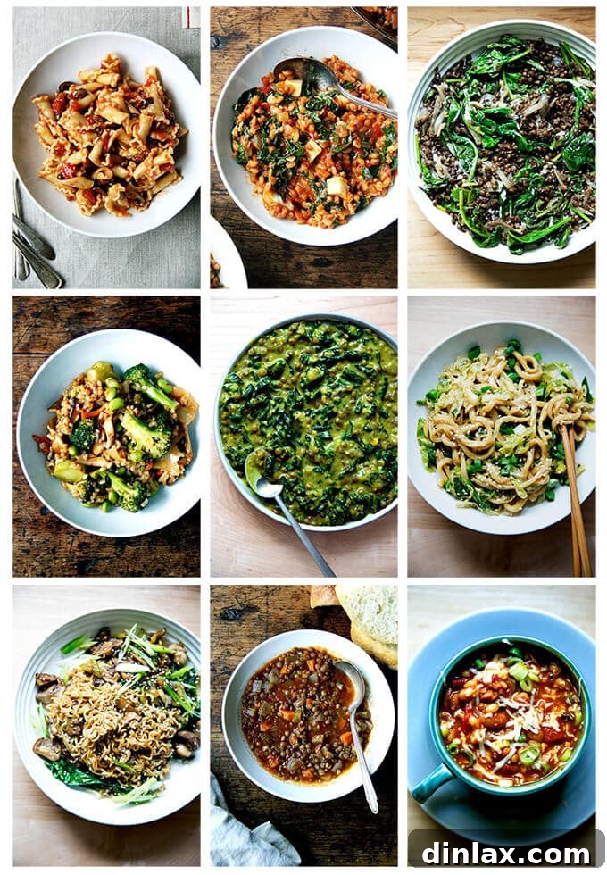 A selection of pantry recipes to make right now, featuring lentils, beans, pasta, and farro, perfect for healthy and delicious meals using staple ingredients.