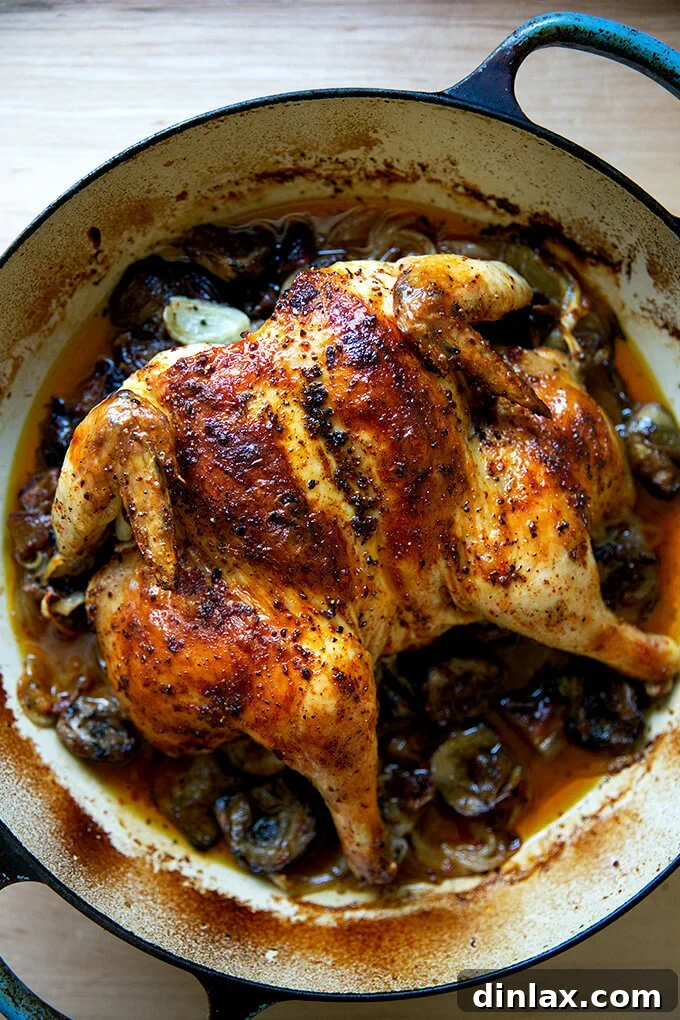The fully cooked spatchcocked roast chicken, showcasing its crispy golden skin and abundant sauce with dates and artichoke hearts, ready to be carved.