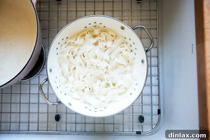 Continental's Signature Rad Na Noodles 6 Noodles drained in a colander in the sink.