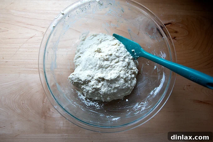 Unlock the Best Sourdough Pizza Crust 7 Sourdough pizza dough, just mixed, in a glass bowl with a spatula.