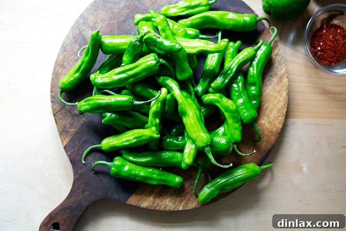 A wooden cutting board showcasing a mound of fresh, green shishito peppers, perfectly prepped for cooking.