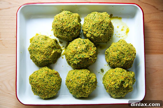 Portioned falafel burger mix, formed into balls and arranged on a tray, awaiting their transformation into patties.