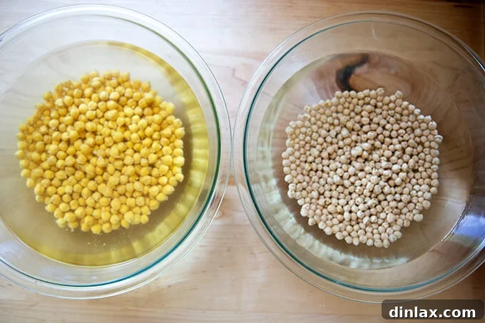 Two bowls of chickpeas side-by-side; one with dried, the other with overnight soaked chickpeas.
