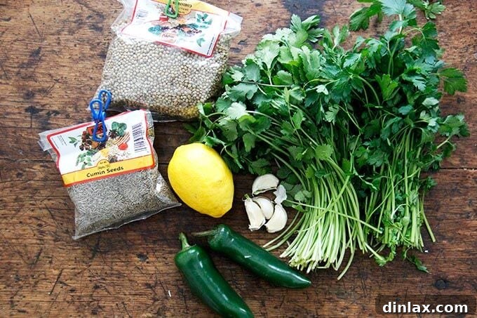 A collection of fresh ingredients laid out, including cilantro, parsley, chilies, garlic, cumin seeds, coriander seeds, and a lemon, ready for making Schug.