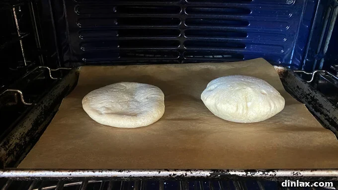 Your Guide to Irresistible Homemade Pita 6 Two pita cooking on a non-preheated sheet pan, one puffed, one did not.