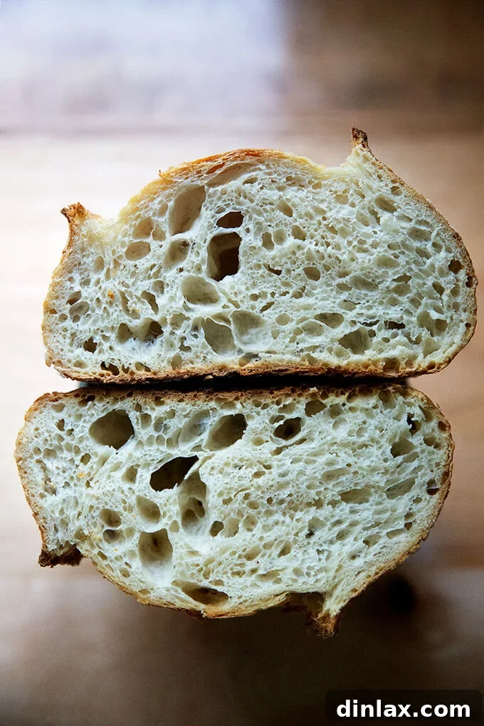 A halved loaf of sourdough bread. 